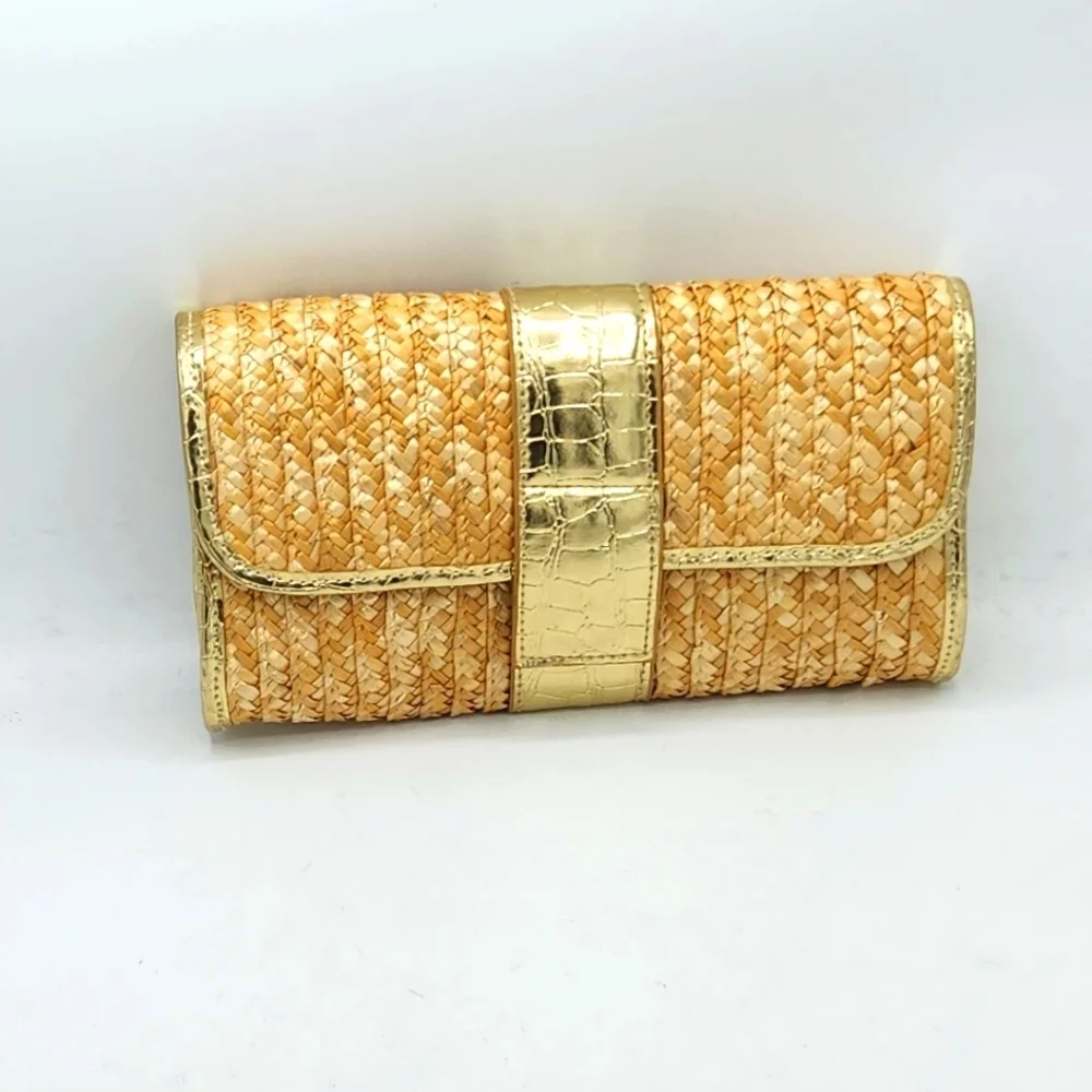 Big Buddha Straw Faux Leather Gold Crocs Trim Accents Fold Over Clutch